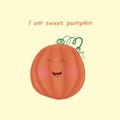 funny pumpkin in the style of a cartoon, on a beige background with a funny inscription